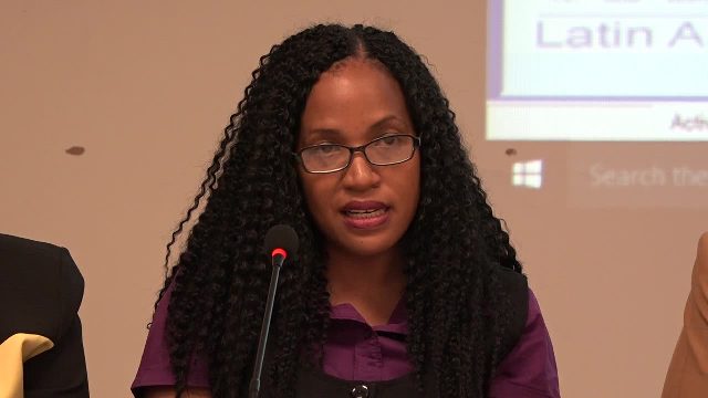Permanent Secretary in the Ministry of Health Nicole Slack-Liburd delivering remarks at the launch of the Prinatal Information System on behalf of the Minister of health Hon. Mark Brantley at the at the Nevis Disaster Management Office conference room at Long Point on February 14, 2017